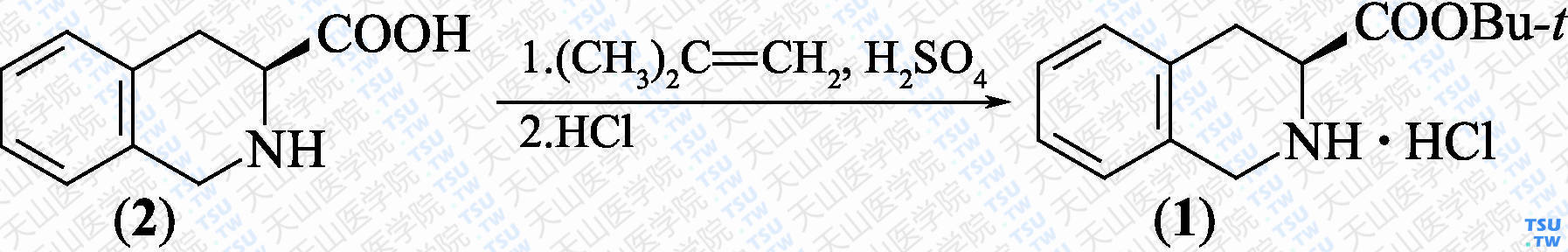 （<i>S</i>）-1，2，3，4-四氢异喹啉-3-羧酸叔丁酯盐酸盐（分子式：C<sub>14</sub>H<sub>19</sub>NO<sub>2</sub>·HCl）的合成方法路线及其结构式