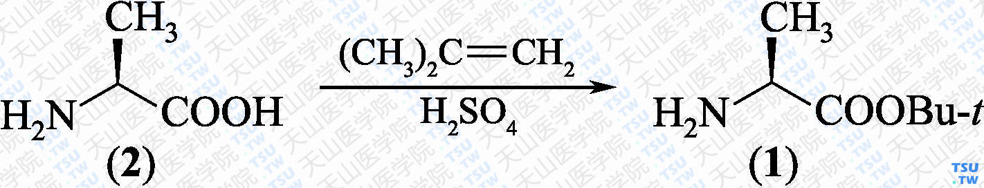 L-丙氨酸叔丁酯（分子式：C<sub>7</sub>H<sub>15</sub>NO<sub>2</sub>）的合成方法路线及其结构式