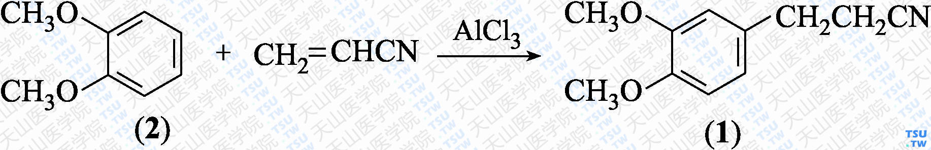3-（3，4-二甲氧基苯基）丙腈（分子式：C<sub>11</sub>H<sub>13</sub>NO<sub>2</sub>）的合成方法路线及其结构式