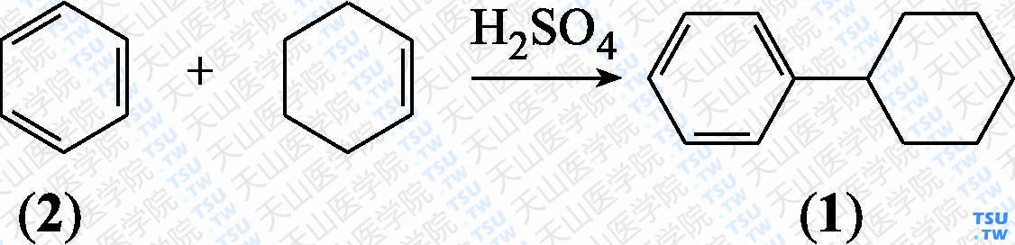 环己基苯（分子式：C<sub>12</sub>H<sub>16</sub>）的合成方法路线及其结构式