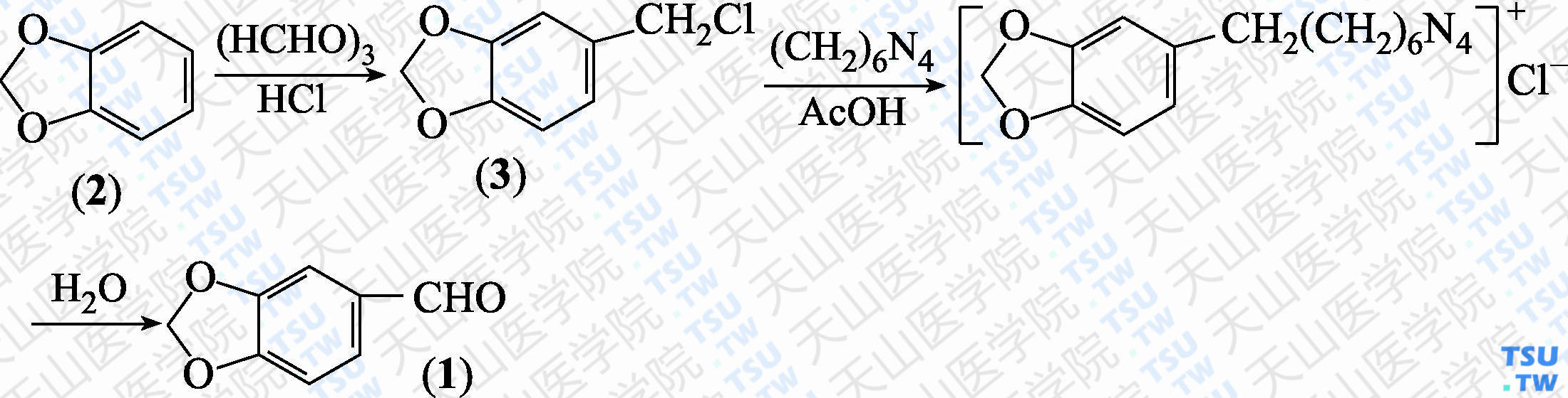胡椒基甲醛（分子式：C<sub>8</sub>H<sub>6</sub>O<sub>3</sub>）的合成方法路线及其结构式