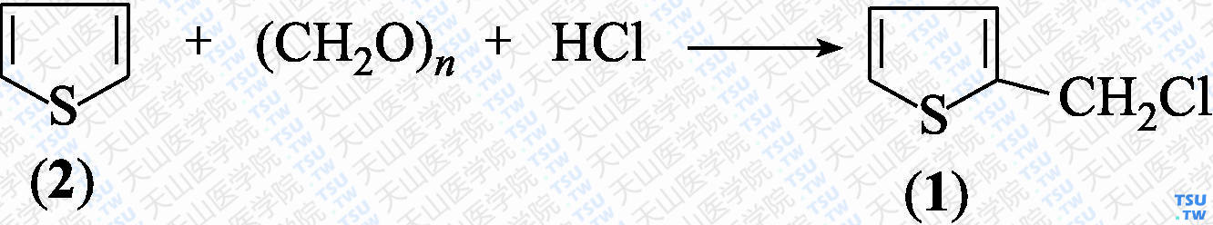 2-氯甲基噻吩（分子式：C<sub>5</sub>H<sub>5</sub>ClS）的合成方法路线及其结构式