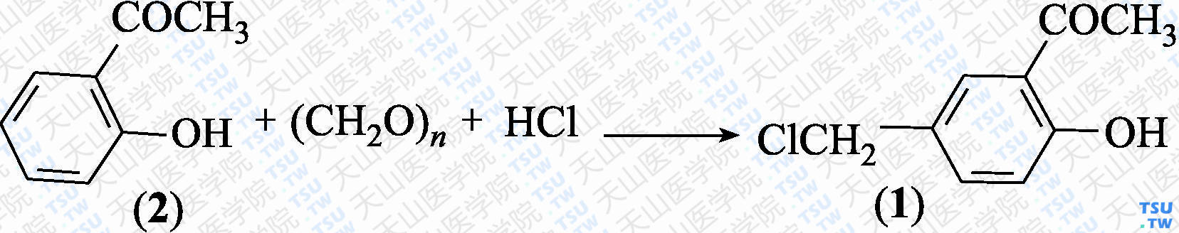 5-氯甲基-2-羟基苯乙酮（分子式：C<sub>9</sub>H<sub>9</sub>ClO<sub>2</sub>）的合成方法路线及其结构式