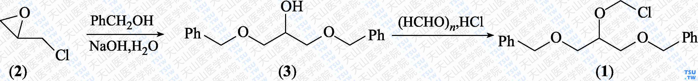 1，3-二苄氧基-2-氯甲氧基丙烷（分子式：C<sub>18</sub>H<sub>21</sub>Cl O<sub>3</sub>）的合成方法路线及其结构式