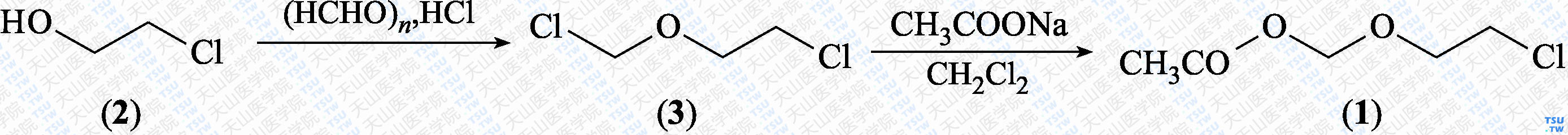 1-氯-2-（乙酰氧基甲氧基）乙烷（分子式：C<sub>5</sub>H<sub>9</sub>ClO<sub>3</sub>）的合成方法路线及其结构式