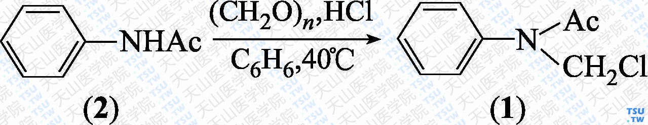 <i>N</i>-氯甲基-<i>N</i>-苯基乙酰胺（分子式：C<sub>9</sub>H<sub>10</sub>ClNO）的合成方法路线及其结构式