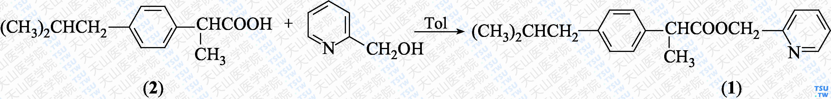 布洛芬吡甲酯（分子式：C<sub>19</sub>H<sub>23</sub>NO<sub>2</sub>）的合成方法路线及其结构式