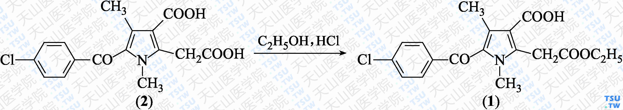 3-羧基-5-（4-氯苯甲酰基）-1，4-二甲基-1<i>H</i>-吡咯-2-乙酸乙酯（分子式：C<sub>18</sub>H<sub>18</sub>ClNO<sub>5</sub>）的合成方法路线及其结构式
