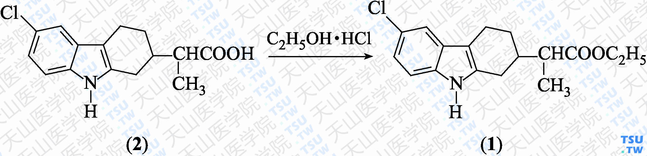 6-氯-<i>α</i>-甲基-1，2，3，4-四氢咔唑-2-乙酸乙酯（分子式：C<sub>17</sub>H<sub>20</sub>ClNO<sub>2</sub>）的合成方法路线及其结构式