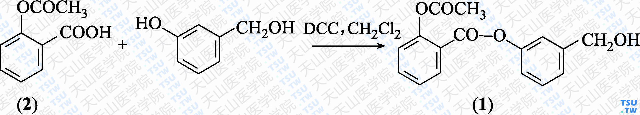 2-乙酰氧基苯甲酸3-羟甲基苯基酯（分子式：C<sub>16</sub>H<sub>14</sub>O<sub>5</sub>）的合成方法路线及其结构式