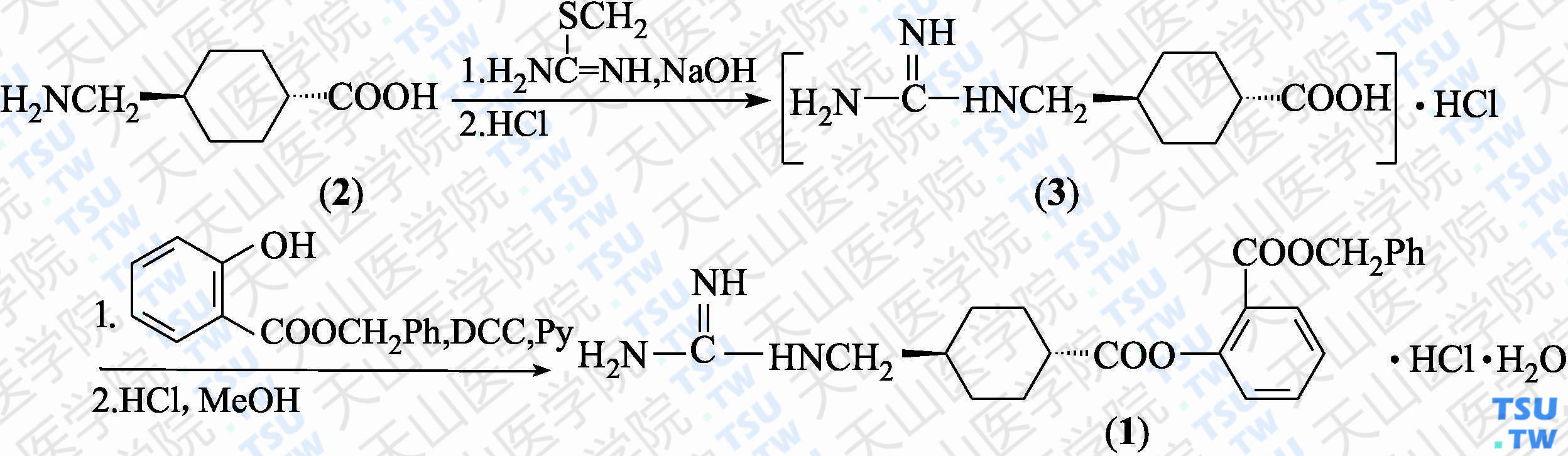 盐酸贝奈克酯（分子式：C<sub>23</sub>H<sub>28</sub>ClN<sub>3</sub>O<sub>4</sub>·HCl·H<sub>2</sub>O）的合成方法路线及其结构式