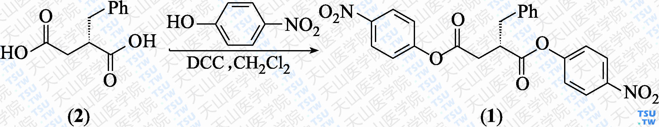 （<i>S</i>）-2-苄基丁二酸二对硝基苯酚酯（分子式：C<sub>23</sub>H<sub>18</sub>N<sub>2</sub>O<sub>8</sub>）的合成方法路线及其结构式