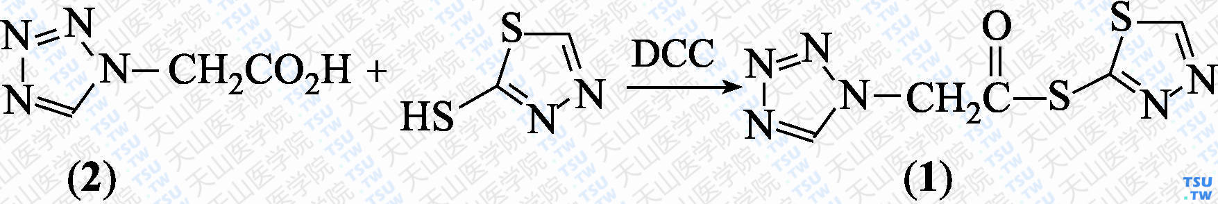 2-（1<i>H</i>-四唑-1-基）硫代乙酸<i>S</i>-1，3，4-噻二唑-2-基酯（分子式：C<sub>5</sub>H<sub>4</sub>N<sub>6</sub>OS<sub>2</sub>）的合成方法路线及其结构式