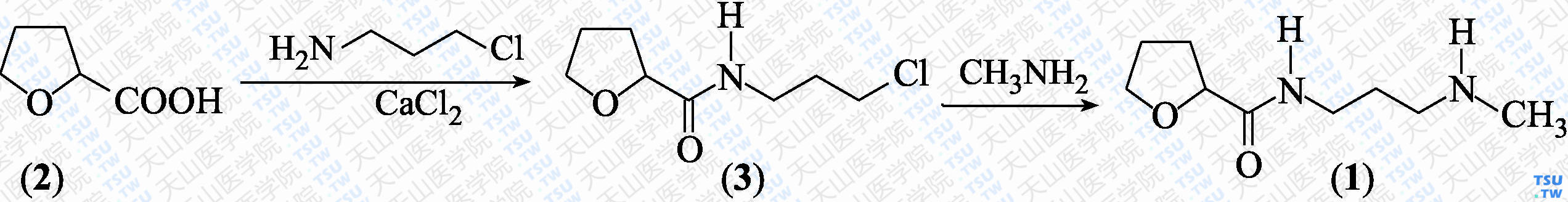 <i>N</i>-（3-甲氨基丙基）-2-四氢呋喃甲酰胺（分子式：C<sub>9</sub>H<sub>18</sub>N<sub>2</sub>O<sub>2</sub>）的合成方法路线及其结构式