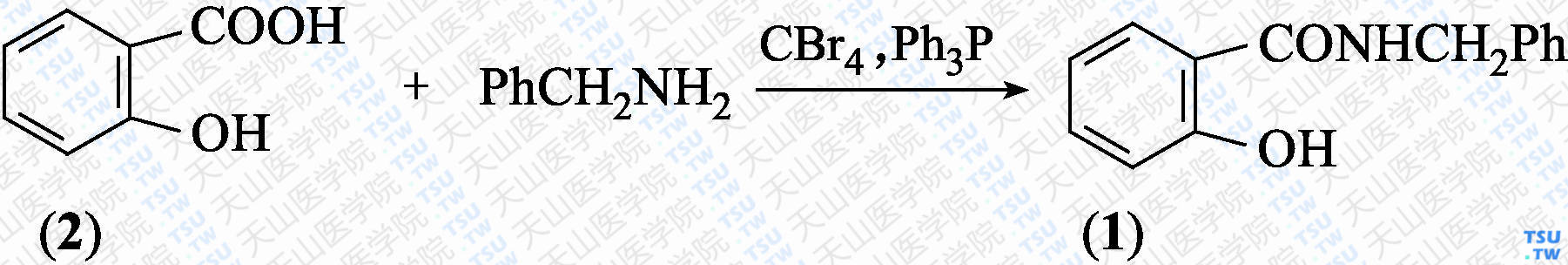 <i>N</i>-苄基水杨酸酰胺（分子式：C<sub>14</sub>H<sub>13</sub>NO<sub>2</sub>）的合成方法路线及其结构式