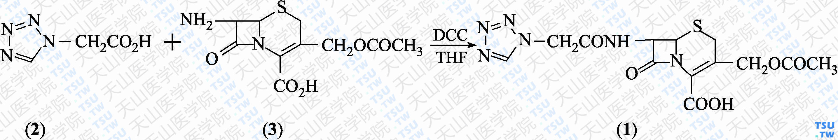 7-（1<i>H</i>-1-四唑基）乙酰氨基头孢烷酸（分子式：C<sub>13</sub>H<sub>13</sub>N<sub>6</sub>O<sub>6</sub>S）的合成方法路线及其结构式