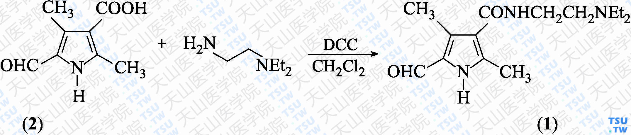 <i>N</i>-（2-二乙基氨基乙基）-2，4-二甲基-5-甲酰基-1<i>H</i>-吡咯-3-甲酰胺（分子式：C<sub>14</sub>H<sub>23</sub>N<sub>3</sub>O<sub>2</sub>）的合成方法路线及其结构式