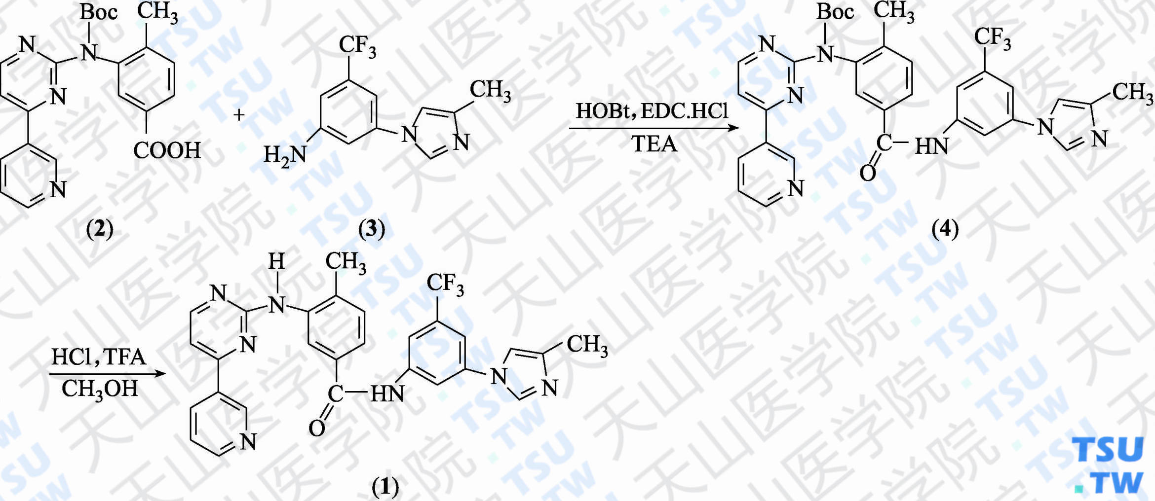 尼罗替尼（分子式：C<sub>28</sub>H<sub>22</sub>F<sub>3</sub>N<sub>7</sub>O）的合成方法路线及其结构式