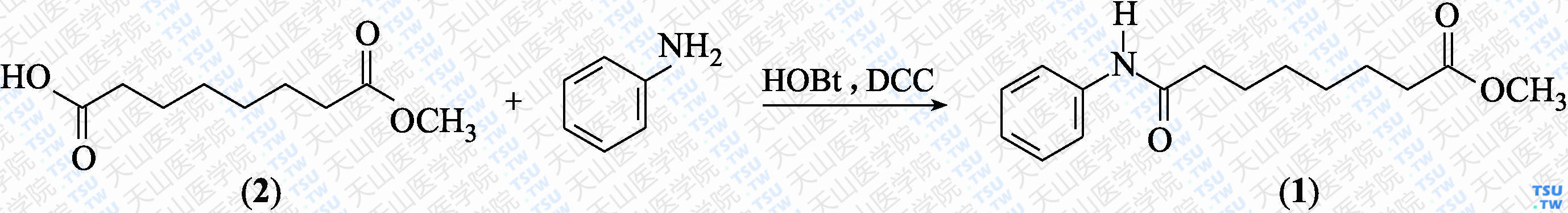 8-氧代-8-苯氨基辛酸甲酯（分子式：C<sub>15</sub>H<sub>21</sub>NO<sub>3</sub>）的合成方法路线及其结构式