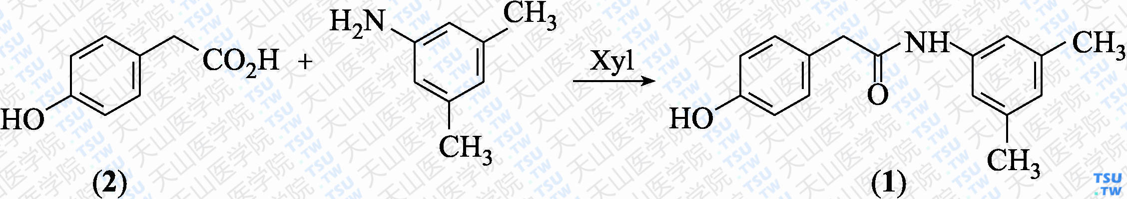 <i>N</i>-（3，5-二甲基苯基）-2-（4-羟基苯基）乙酰胺（分子式：C<sub>16</sub>H<sub>17</sub>NO<sub>2</sub>）的合成方法路线及其结构式