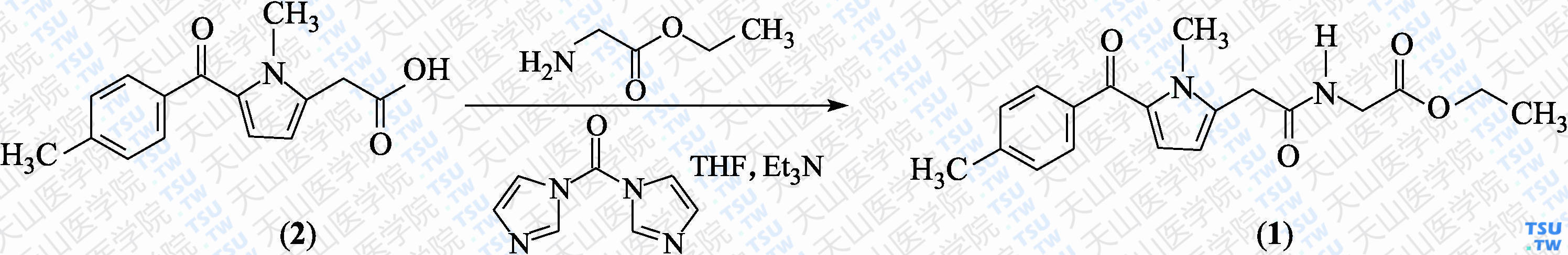 2-[2-[1-甲基-5-（对甲基苯甲酰基）-1<i>H</i>-吡咯-2-基]乙酰氨基]乙酸乙酯（分子式：C<sub>19</sub>H<sub>22</sub>N<sub>2</sub>O<sub>4</sub>）的合成方法路线及其结构式