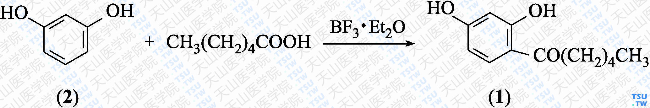 4-己酰间苯二酚（分子式：C<sub>12</sub>H<sub>16</sub>O<sub>3</sub>）的合成方法路线及其结构式