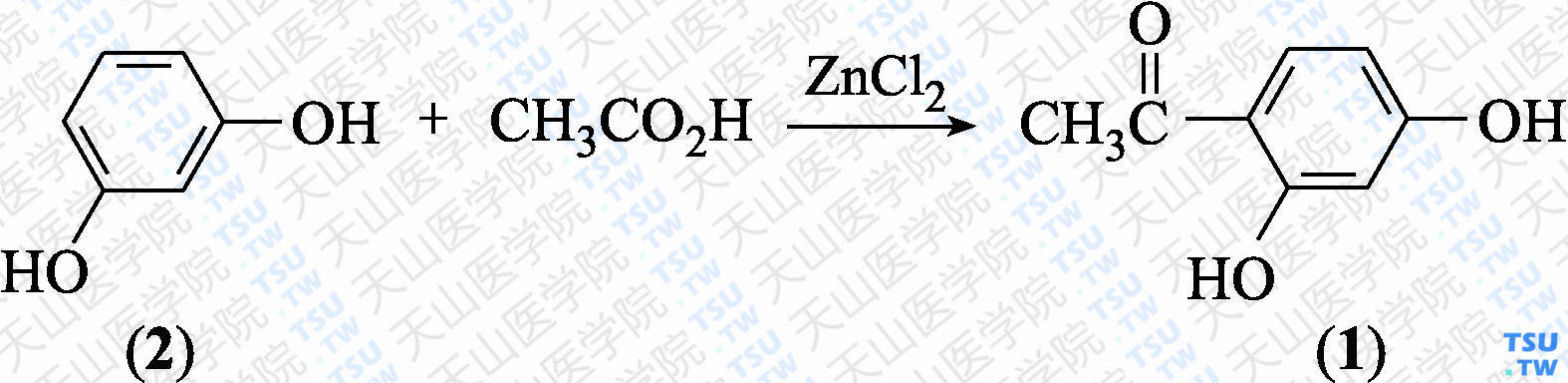 2，4-二羟基苯乙酮（分子式：C<sub>8</sub>H<sub>8</sub>O<sub>3</sub>）的合成方法路线及其结构式