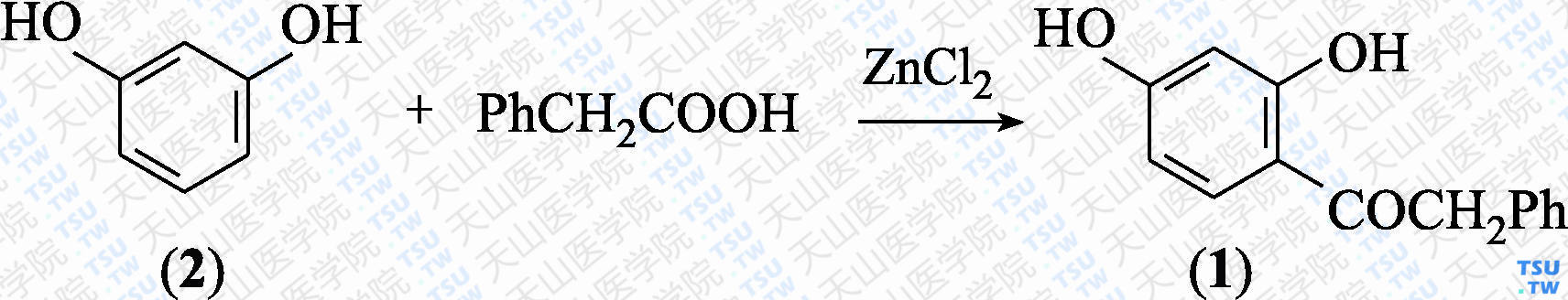 2，4-二羟基苯基苄基酮（分子式：C<sub>14</sub>H<sub>12</sub>O<sub>3</sub>）的合成方法路线及其结构式