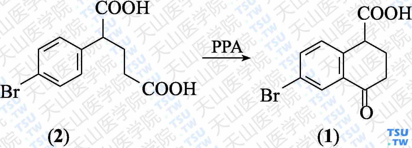 6-溴-4-氧代-1，2，3，4-四氢萘-1-甲酸（分子式：C<sub>11</sub>H<sub>9</sub>BrO<sub>3</sub>）的合成方法路线及其结构式