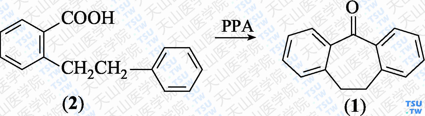 10，11-二氢二苯并[<i>α</i>，<i>d</i>]环庚烯酮-5（分子式：C<sub>15</sub>H<sub>12</sub>O）的合成方法路线及其结构式