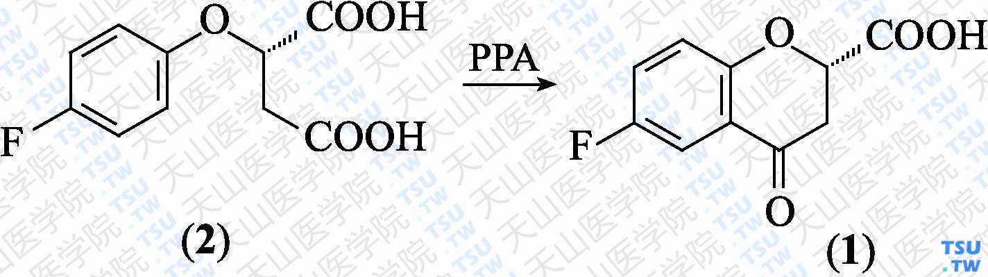 （<i>S</i>）-6-氟-3，4-二氢-4-氧代-2<i>H</i>-苯并吡喃-2-羧酸（分子式：C<sub>10</sub>H<sub>7</sub>FO<sub>4</sub>）的合成方法路线及其结构式