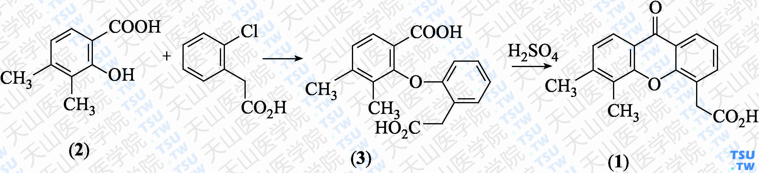 Vadimezan（分子式：C<sub>17</sub>H<sub>14</sub>O<sub>4</sub>）的合成方法路线及其结构式