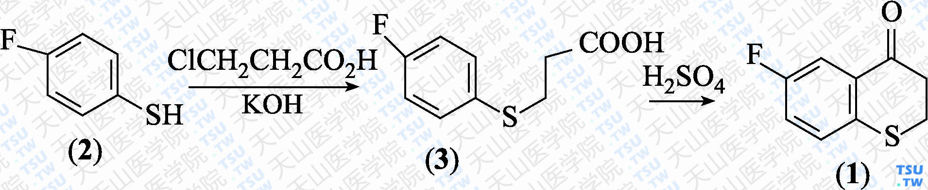 6-氟-4-硫色满酮（分子式：C<sub>9</sub>H<sub>7</sub>FOS）的合成方法路线及其结构式