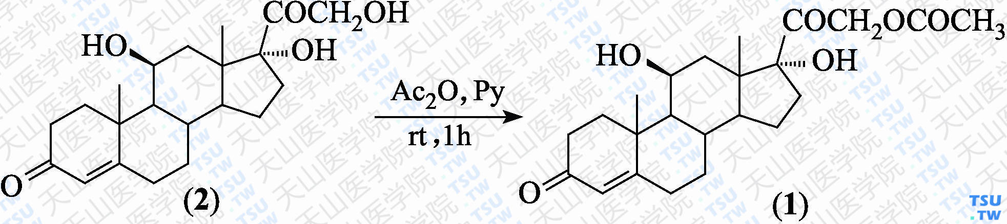 11<i>β</i>，17<i>α</i>，21-三羟基孕甾-4-烯-3，20-二酮-21-乙酸酯（分子式：C<sub>23</sub>H<sub>32</sub>O<sub>6</sub>）的合成方法路线及其结构式