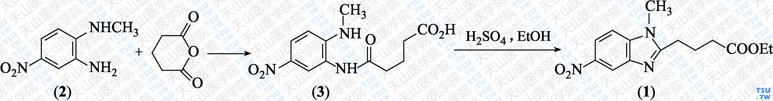 1-甲基-5-硝基-1<i>H</i>-苯并咪唑-2-丁酸乙酯（分子式：C<sub>14</sub>H<sub>17</sub>N<sub>3</sub>O<sub>4</sub>）的合成方法路线及其结构式