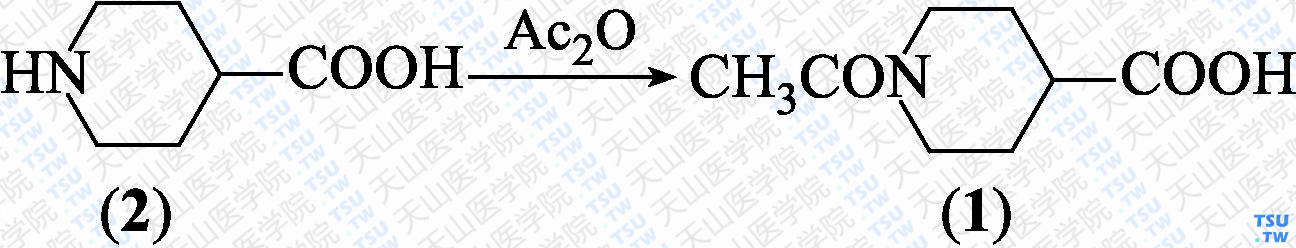 1-乙酰基-4-哌啶甲酸（分子式：C<sub>8</sub>H<sub>13</sub>NO<sub>3</sub>）的合成方法路线及其结构式