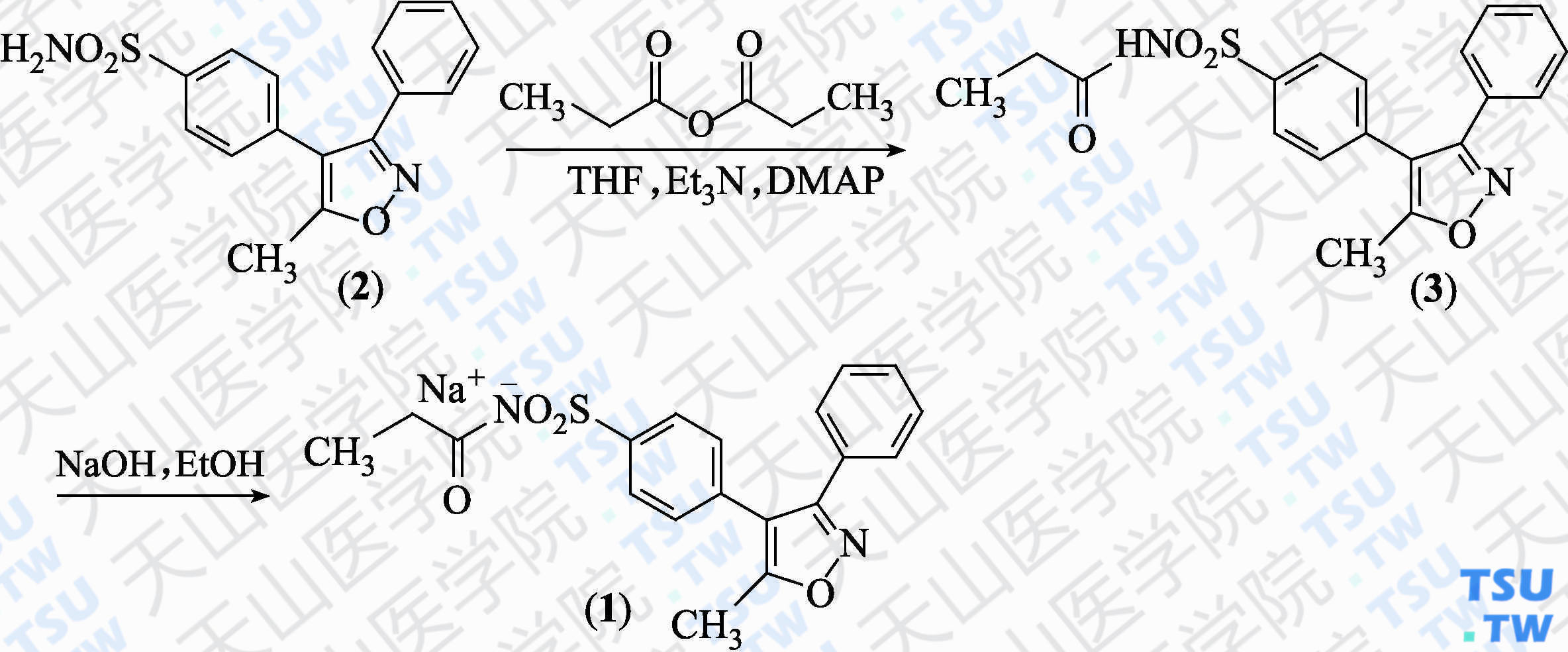 帕瑞考昔钠（分子式：C<sub>19</sub>H<sub>17</sub>N<sub>2</sub>O<sub>4</sub>SNa）的合成方法路线及其结构式