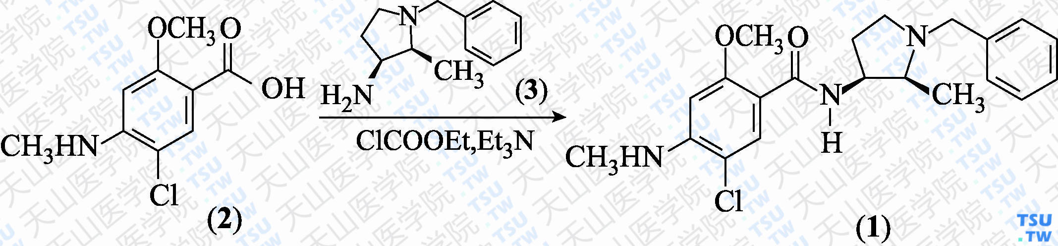 奈莫必利（分子式：C<sub>21</sub>H<sub>26</sub>ClN<sub>3</sub>O<sub>2</sub>）的合成方法路线及其结构式
