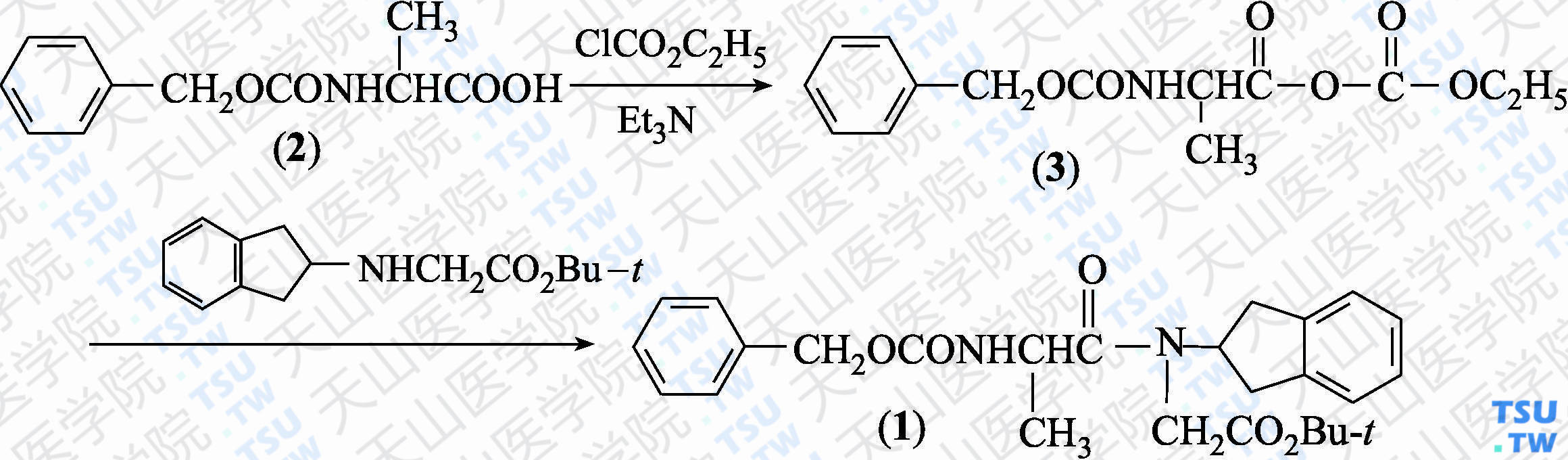 <i>N</i>-（<i>N</i>-苄氧羰基-L-丙氨酰）-<i>N</i>-（2-茚满基）甘氨酸叔丁酯（分子式：C<sub>26</sub>H<sub>32</sub>N<sub>2</sub>O<sub>5</sub>）的合成方法路线及其结构式