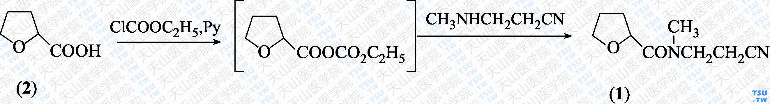 <i>N</i>-（3-氰基丙基）-<i>N</i>-甲基四氢呋喃甲酰胺（分子式：C<sub>9</sub>H<sub>18</sub>N<sub>2</sub>O<sub>2</sub>）的合成方法路线及其结构式
