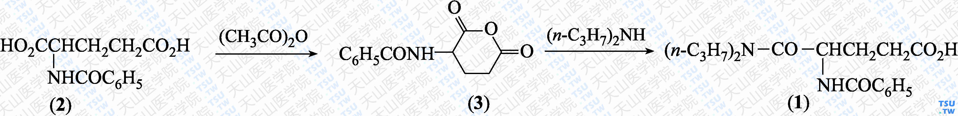 丙谷胺（分子式：C<sub>18</sub>H<sub>25</sub>N<sub>2</sub>O<sub>4</sub>）的合成方法路线及其结构式