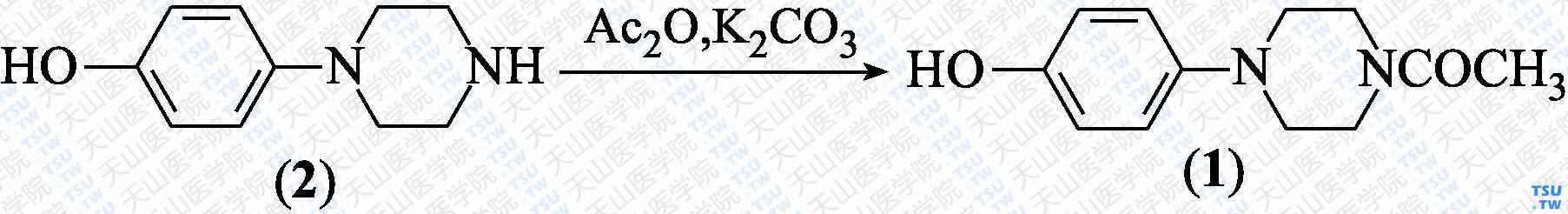 1-乙酰-4-（4-羟基苯基）哌嗪（分子式：C<sub>12</sub>H<sub>16</sub>N<sub>2</sub>O<sub>2</sub>）的合成方法路线及其结构式