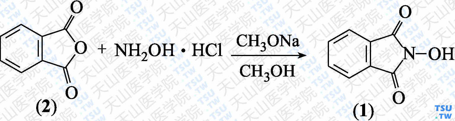 <i>N</i>-羟基邻苯二甲酰亚胺（分子式：C<sub>8</sub>H<sub>5</sub>NO<sub>3</sub>）的合成方法路线及其结构式