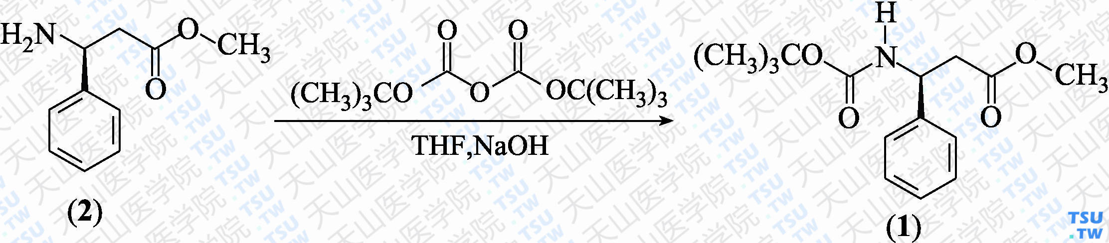 （3<i>S</i>）-3-[（叔丁氧羰基）氨基]-3-苯丙酸甲酯（分子式：C<sub>15</sub>H<sub>21</sub>NO<sub>4</sub>）的合成方法路线及其结构式