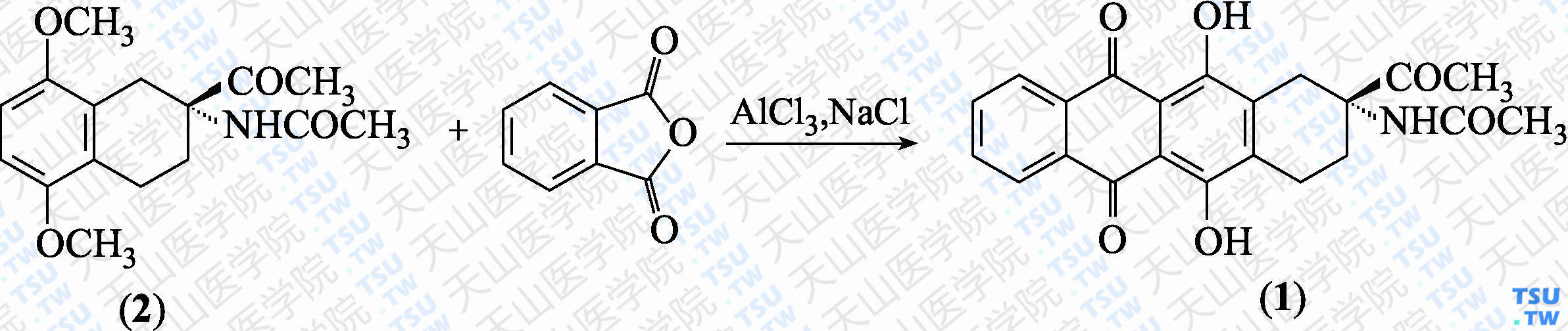<i>R</i>-（-）-9-乙酰基-9-乙酰氨基-6，11-二羟基-7，8，9，10-四氢-5，12-萘并萘二酮（分子式：C<sub>23</sub>H<sub>22</sub>NO<sub>6</sub>）的合成方法路线及其结构式