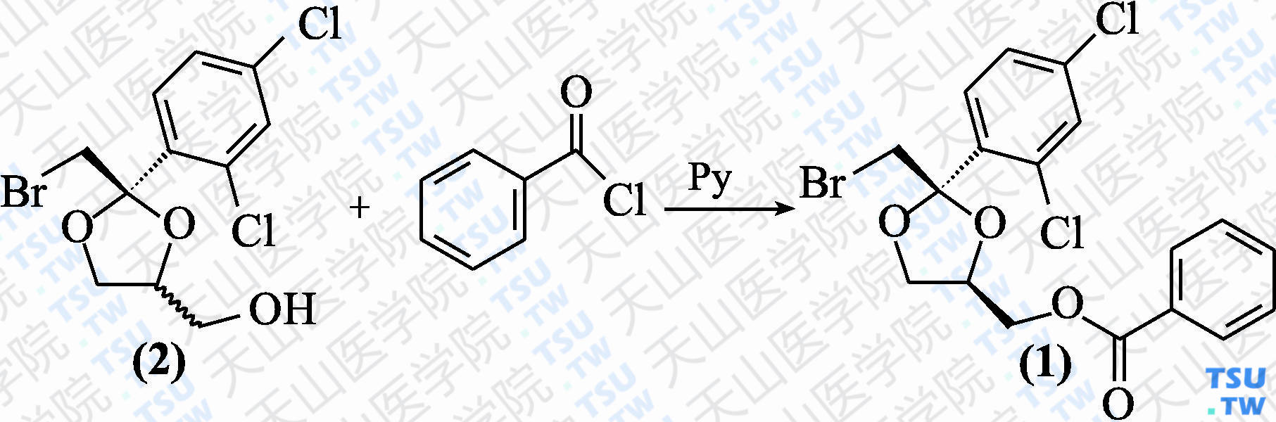 顺式-[2-（溴甲基）-2-（2，4-二氯苯基）-1，3-二氧环戊-4-基]甲基苯甲酸酯（分子式：C<sub>18</sub>H<sub>15</sub>BrCl<sub>2</sub>O<sub>4</sub>）的合成方法路线及其结构式