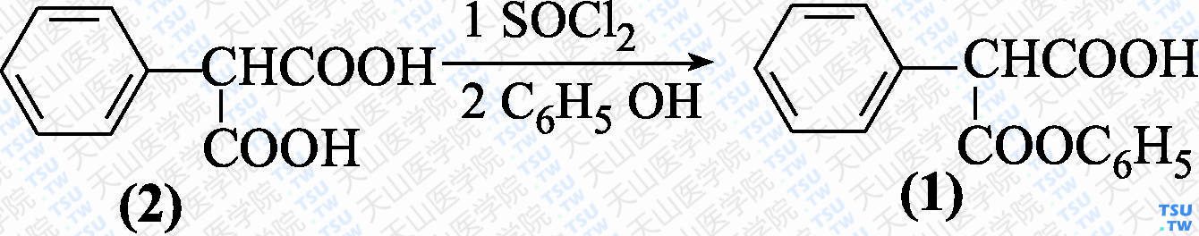 苯基丙二酸单苯酯（分子式：C<sub>15</sub>H<sub>12</sub>O<sub>4</sub>）的合成方法路线及其结构式
