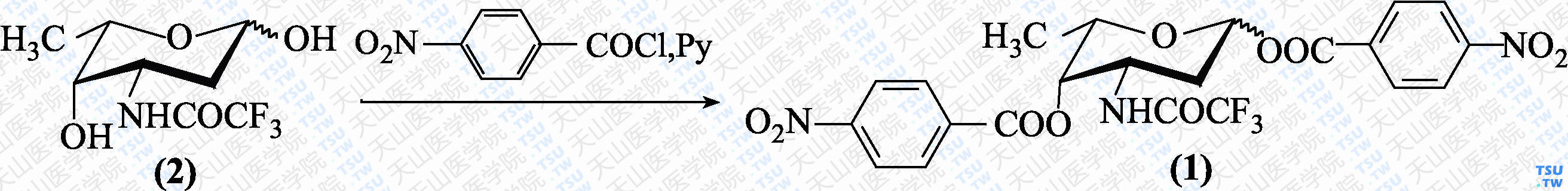 2，3，6-三去氧-1，4-<i>O</i>-二-<i>p</i>-硝基苯甲酰基-3-三氟乙酰氨基-<i>α</i>-L-来苏型-六氢吡喃（分子式：C<sub>22</sub>H<sub>18</sub>F<sub>3</sub>N<sub>3</sub>O<sub>10</sub>）的合成方法路线及其结构式