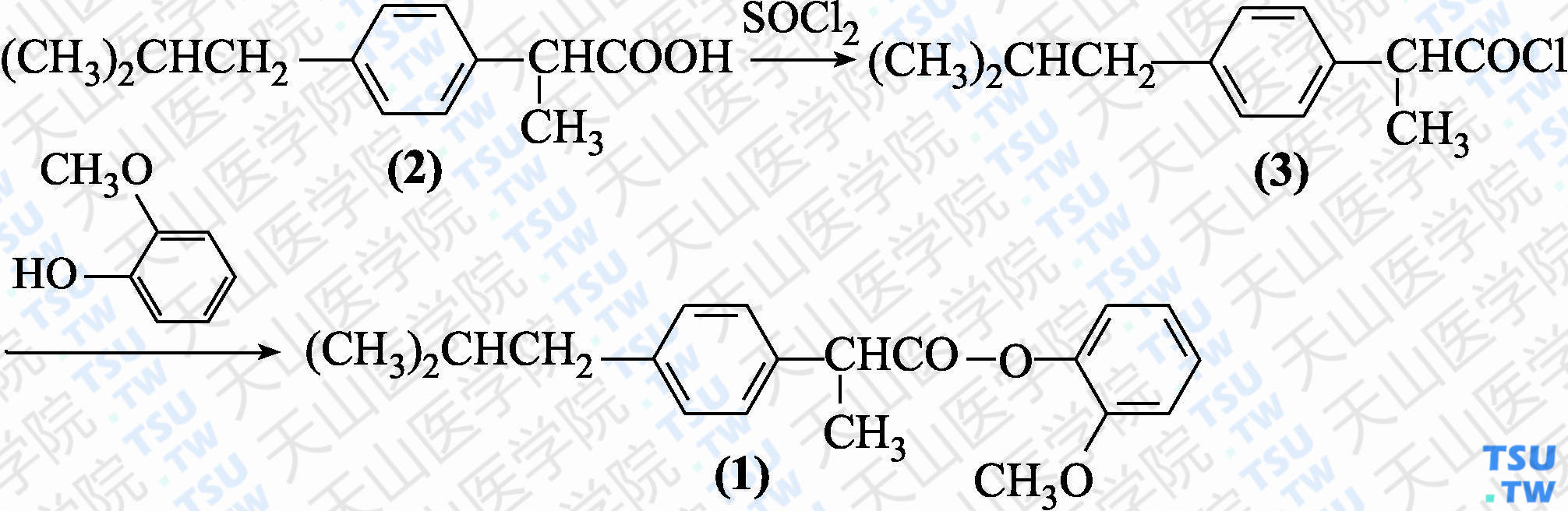 布洛芬愈创木酚酯（分子式：C<sub>20</sub>H<sub>24</sub>O<sub>3</sub>）的合成方法路线及其结构式