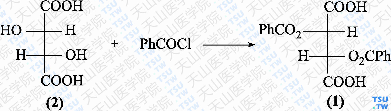 二苯甲酰基-L-酒石酸（分子式：C<sub>18</sub>H<sub>14</sub>O<sub>8</sub> H<sub>2</sub>O）的合成方法路线及其结构式